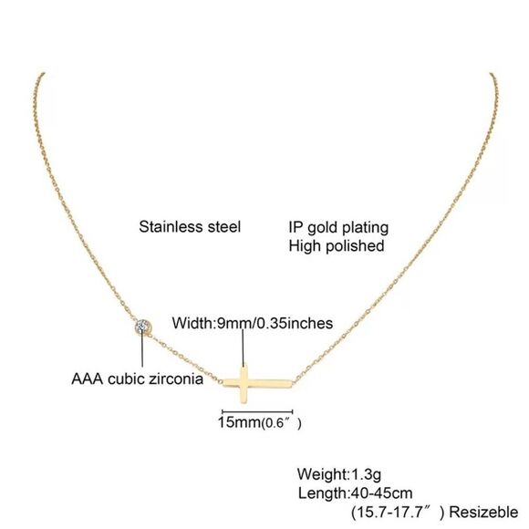 Gold Sideways Cross Necklace Cubic Zirconia Charm - Picture 6 of 8
